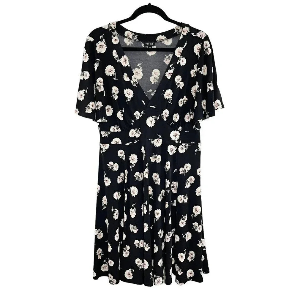 Torrid Black Floral V Neck Midi Skater Dress Women's Plus Size 00